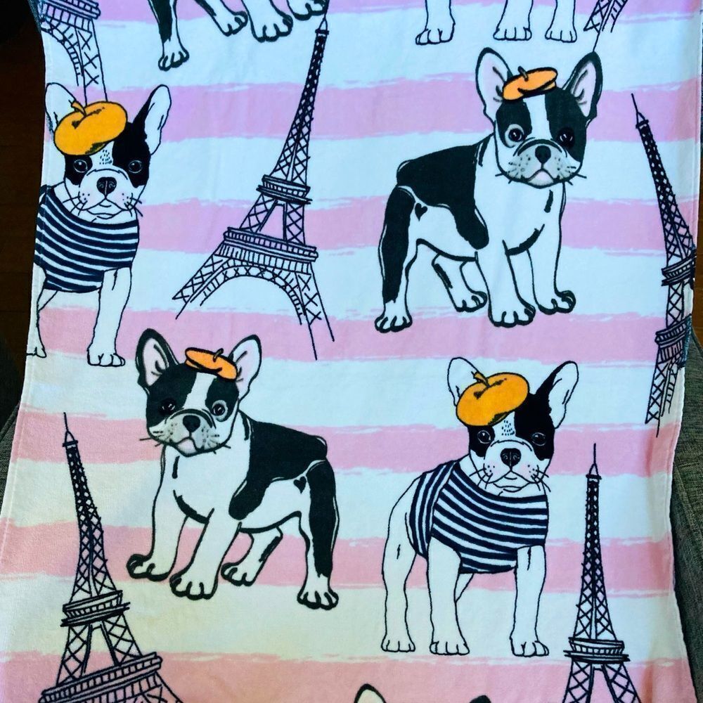 Pink Frenchie Dog Paris Eiffel Tower Cotton Bath Towel Set